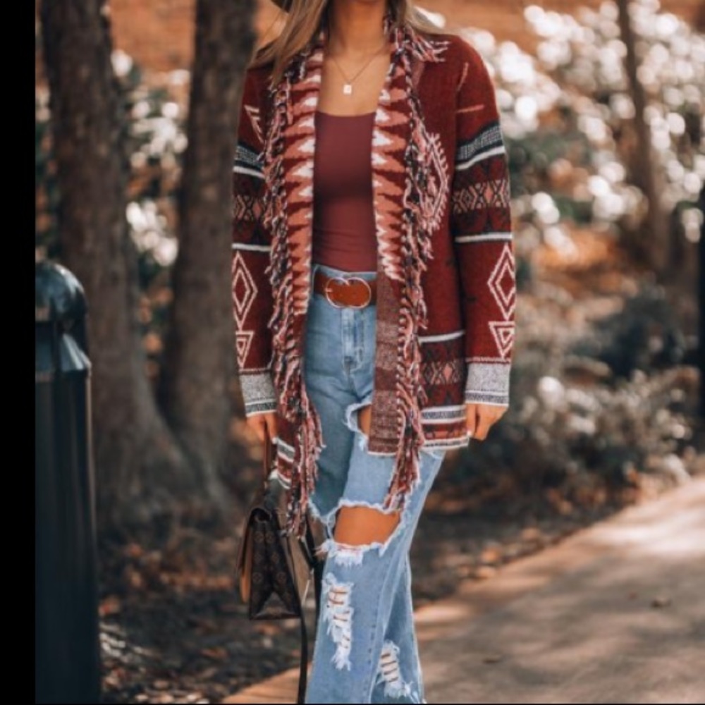 Boho Aztec Print Fringe Detail Cardigan - Picture 10 of 16